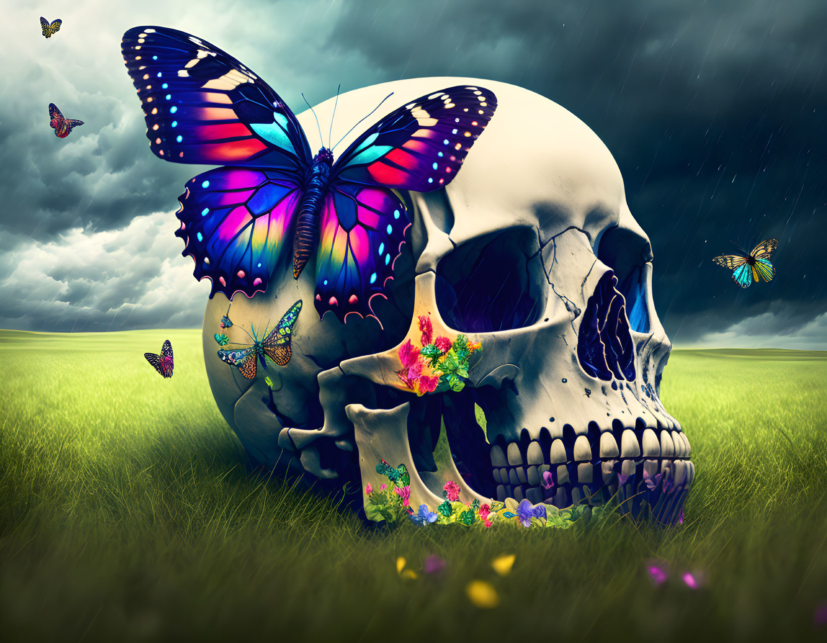 Skull with butterflies and flowers under stormy sky