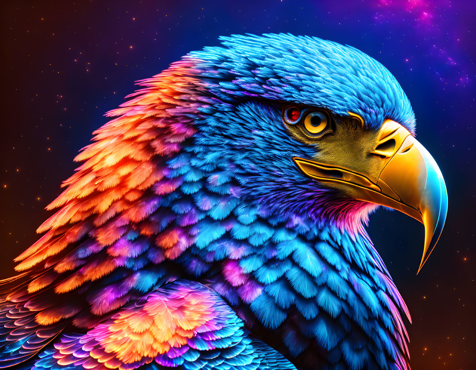 Colorful Eagle Artwork with Blue Feathers and Orange Beak on Starry Space Background