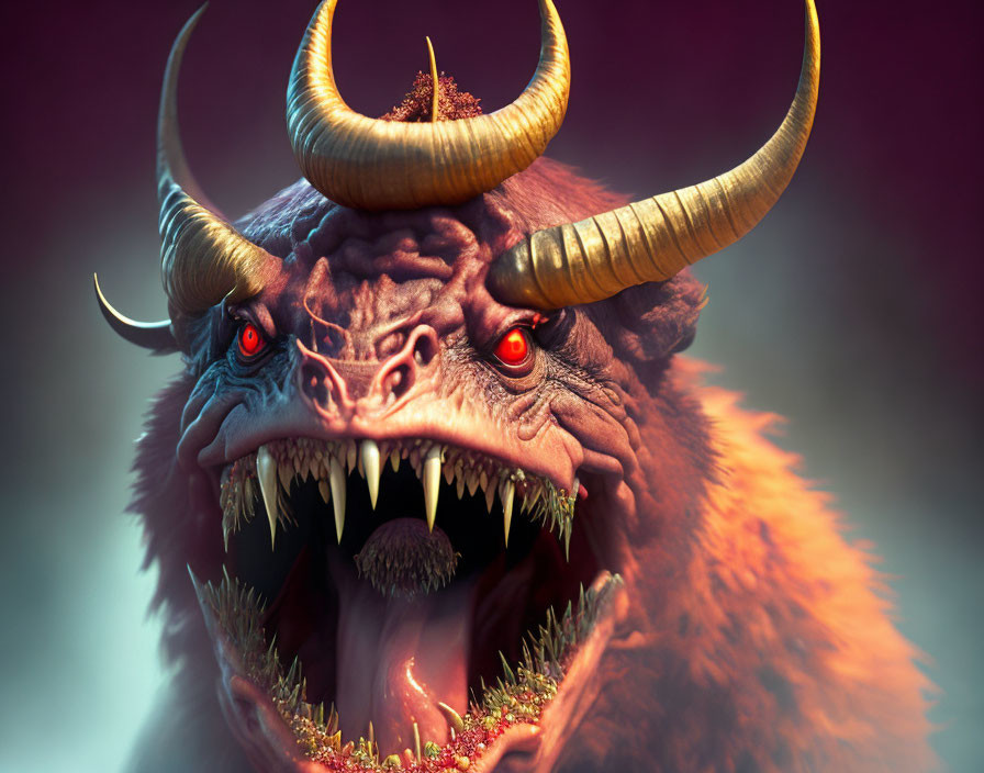 Fierce creature with sharp horns and glowing red eyes on red background