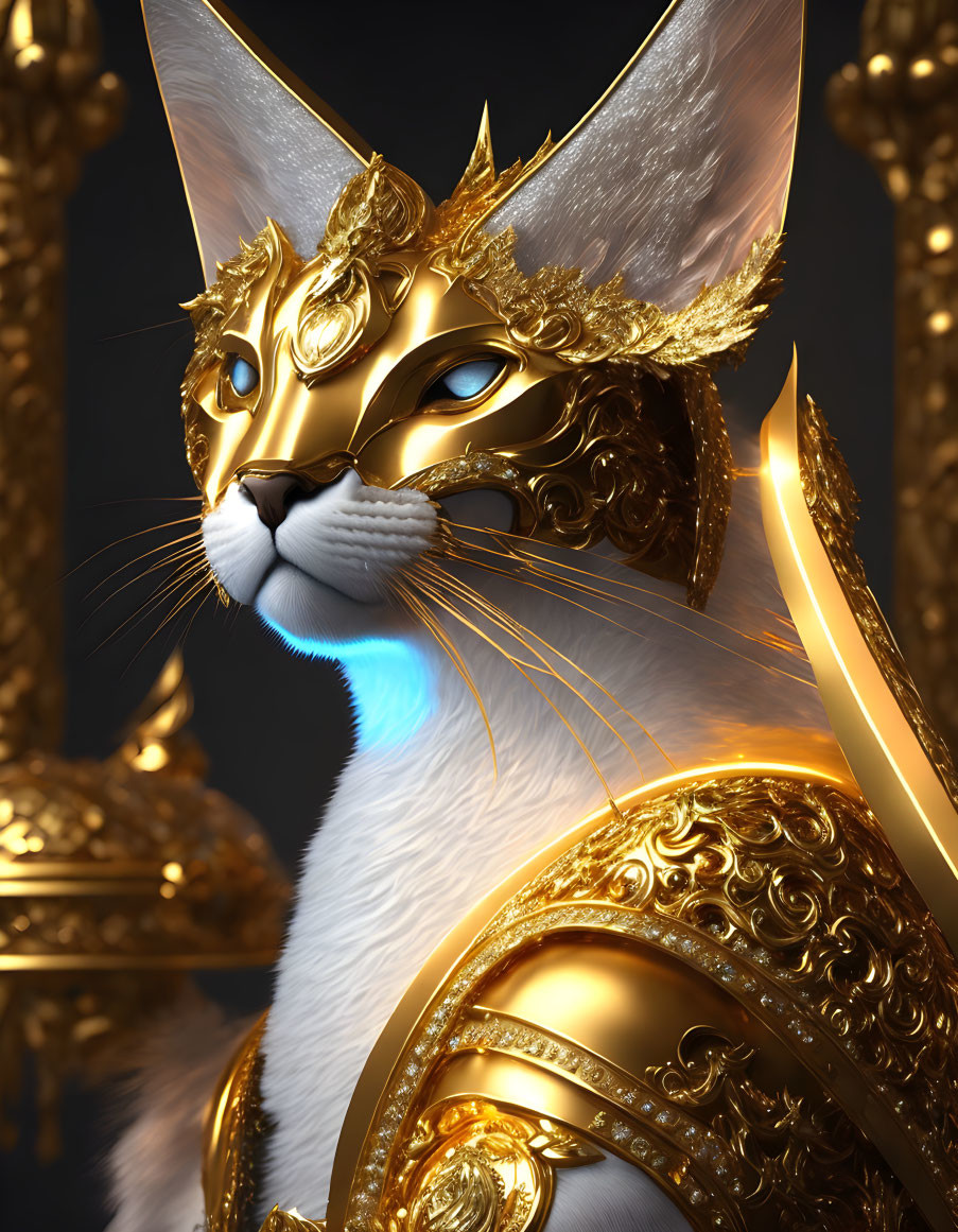 Regal golden-armored cat in ornate mask amidst opulent decor