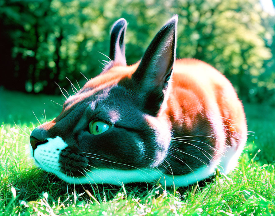 Digitally altered image of a rabbit with a cat's face in vibrant green grass