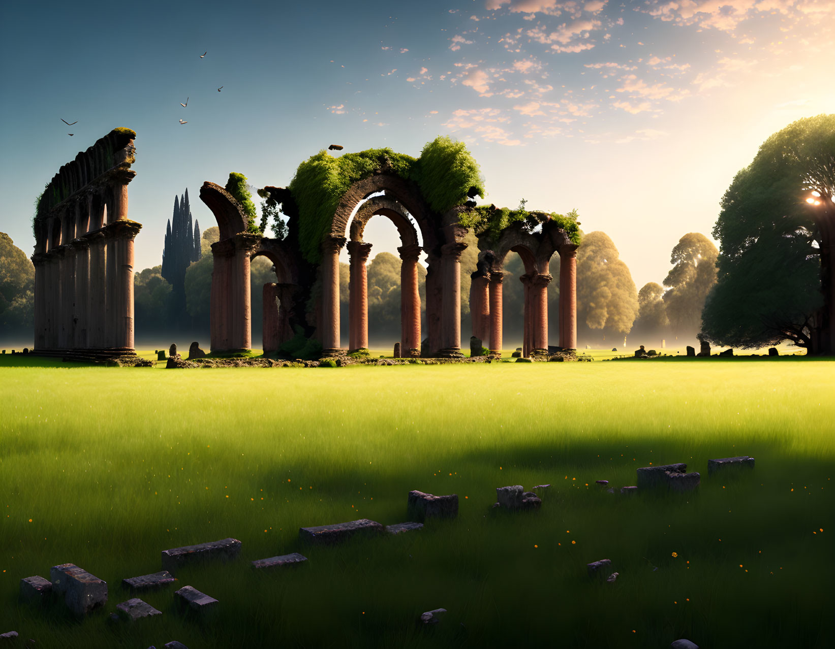 Ancient columns and arches in green meadow at sunset