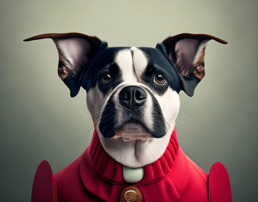 Whimsical dog portrait with large floppy ears in red turtleneck and jacket