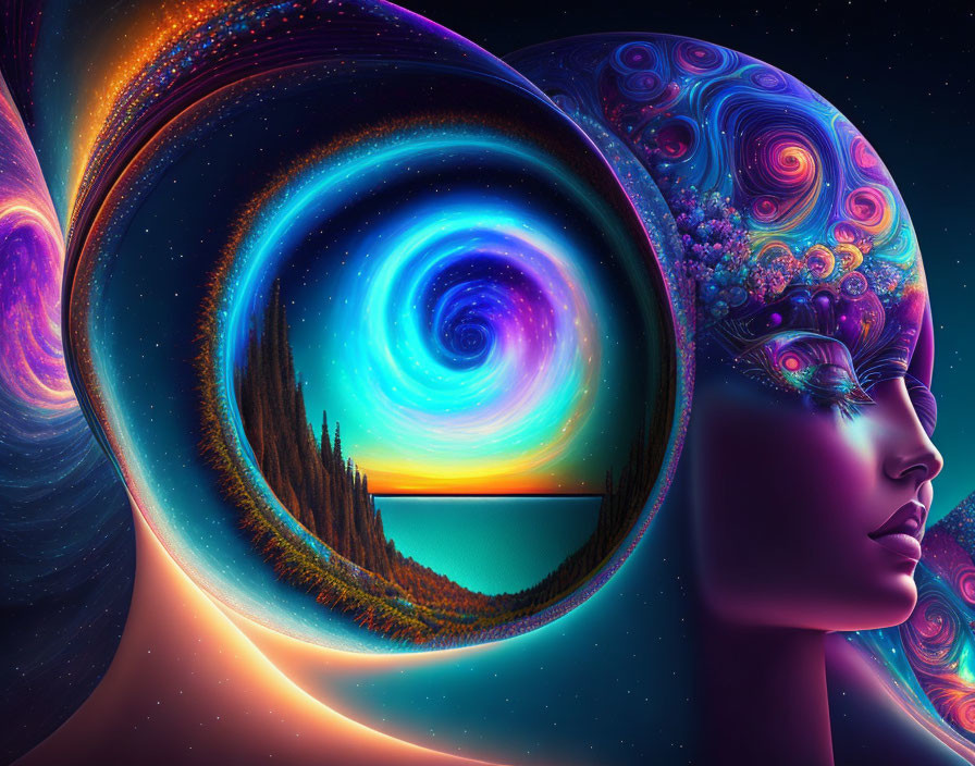 Digital artwork: Woman's head silhouette merges with cosmic landscape and spiral galaxy