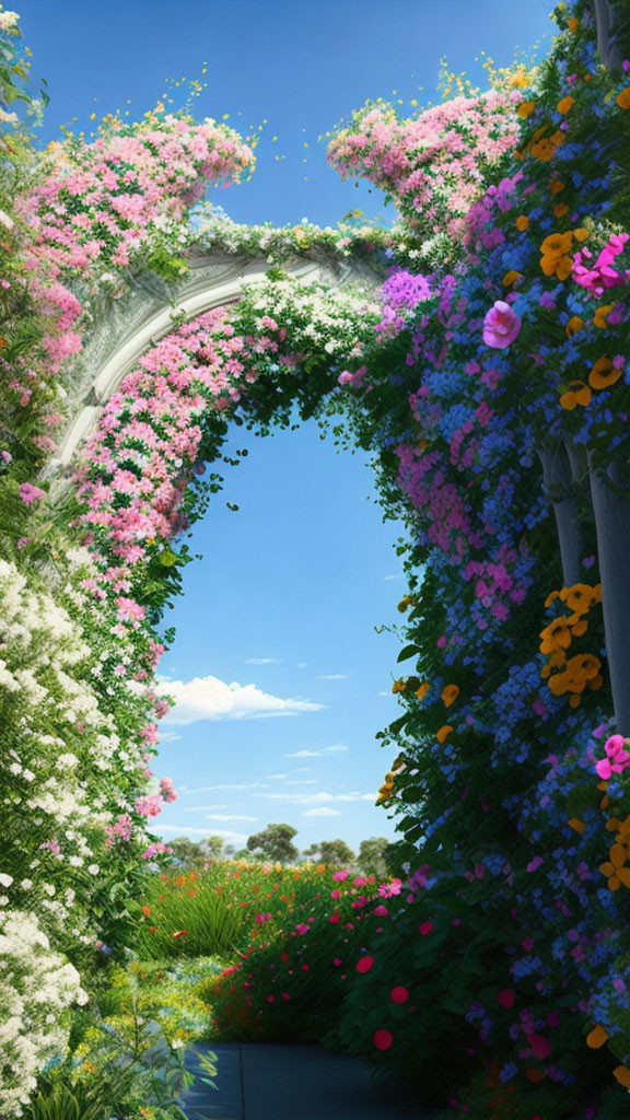 Floral Archway with Pink, Purple, and Orange Blooms in Lush Garden