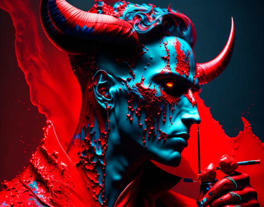 Blue-hued person with horns holding red lollipop on red background