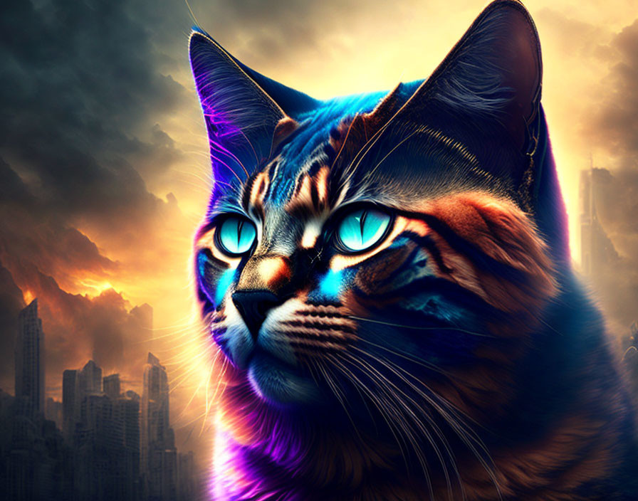 Vividly Colored Digital Art: Cat with Blue Eyes Against Futuristic Cityscape