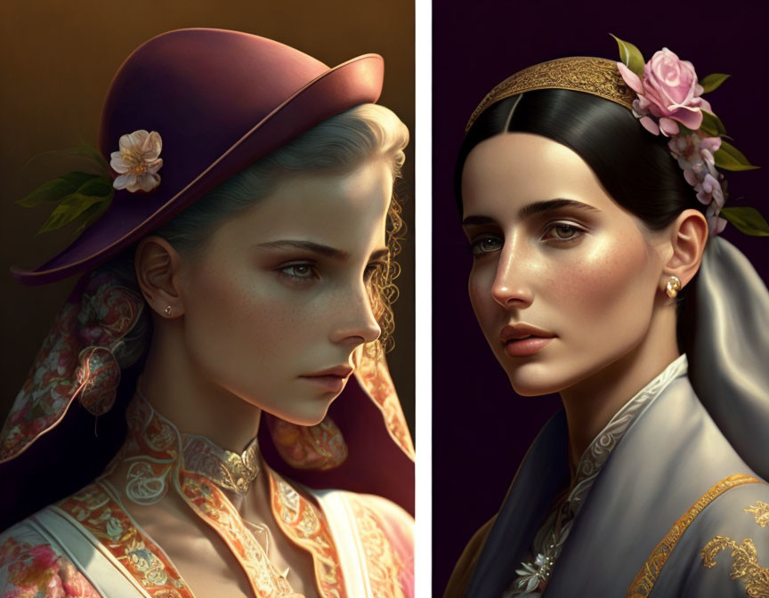 Stylized digital portraits of women in unique headwear and elegant attire