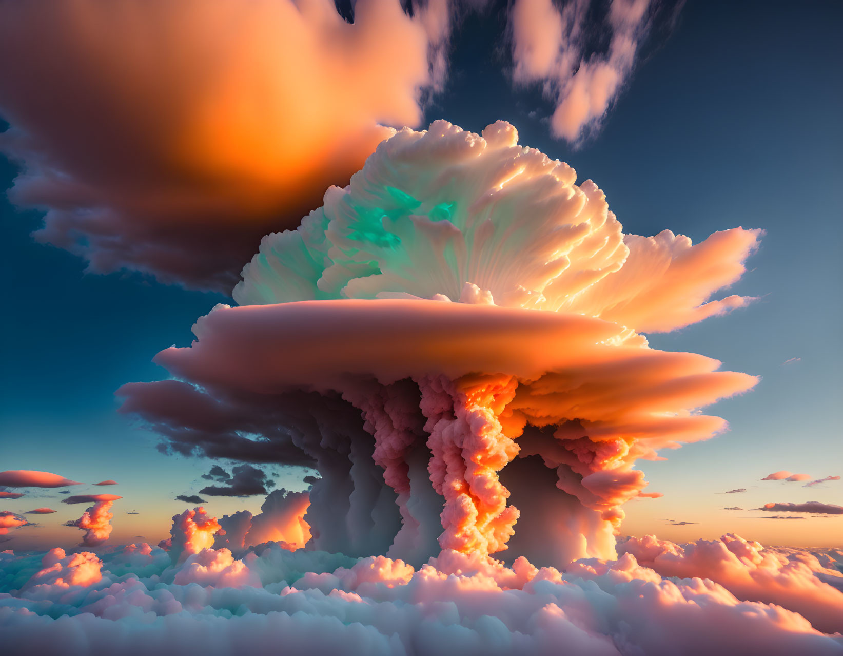 Colorful mushroom-shaped cloud at sunrise or sunset