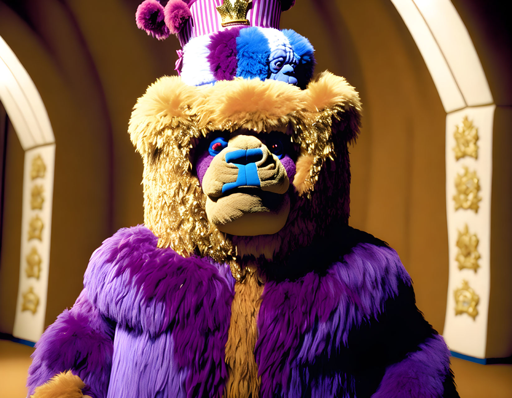 Vibrant lion costume with purple fur, blue face, and golden mane