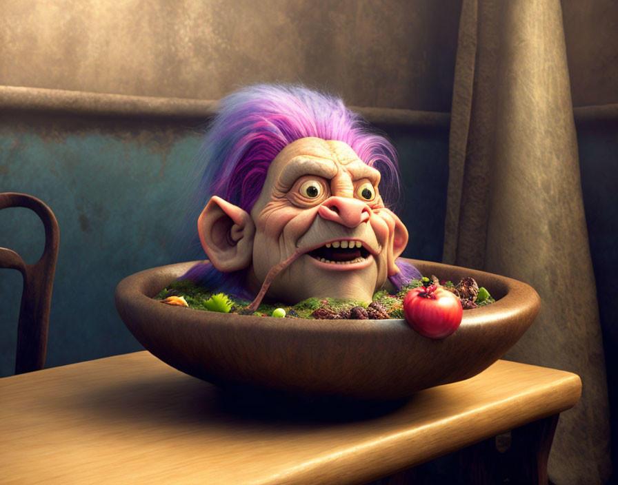 Colorful animated character with purple hair in wooden bowl with vegetables.