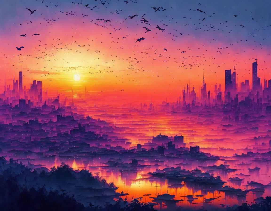 Futuristic cityscape digital artwork: sunrise, pink and purple sky, skyscrapers, birds