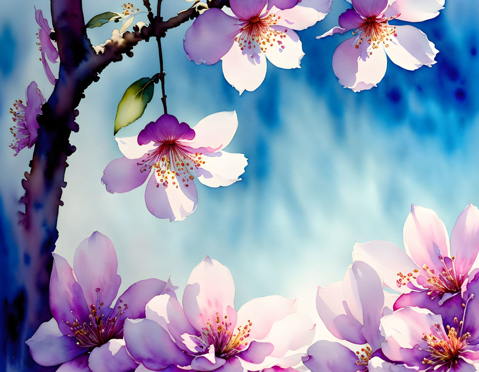 Colorful cherry blossoms on soft blue background with brown branch