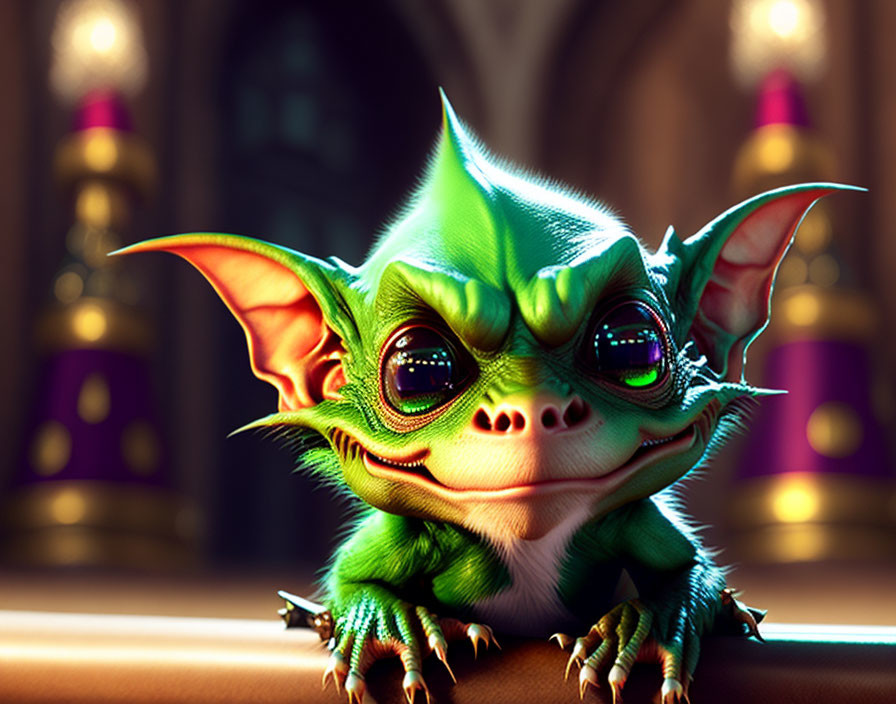 Green creature with big ears and shiny eyes in golden-lit room with purple accents