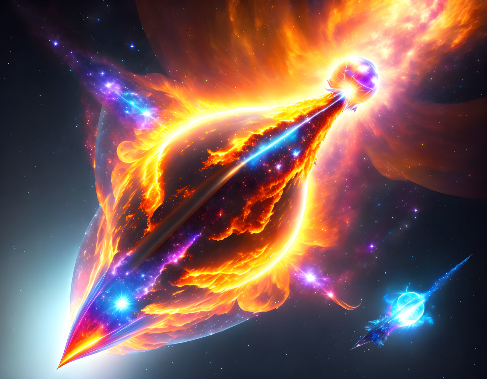 Fiery orange nebula and space battle under blue light