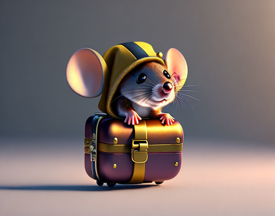 Animated mouse in yellow hoodie on brown suitcase, soft-lit background