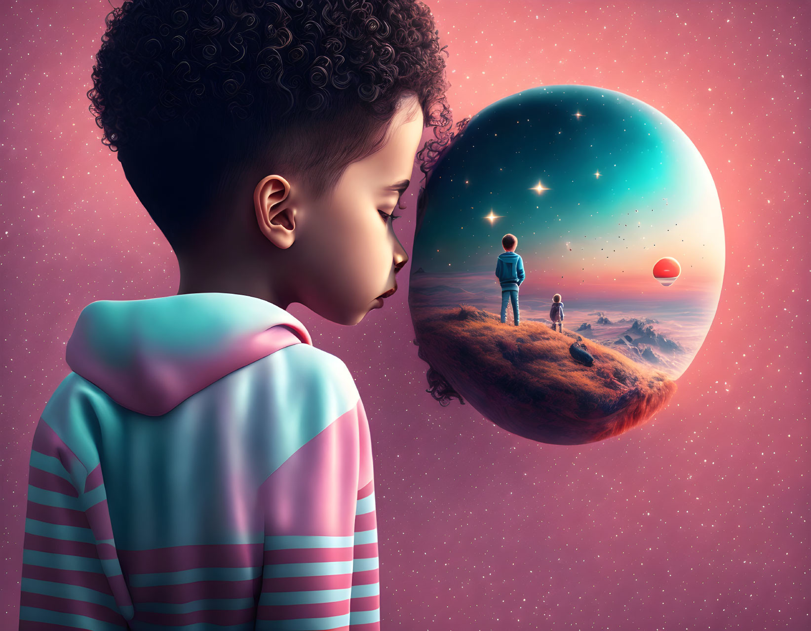 Curly-Haired Child in Striped Hoodie Observing Floating Planet and Explorers