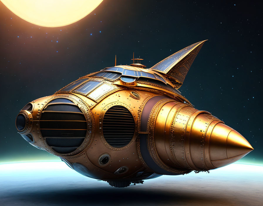 Steampunk-style spaceship near planet under starlit sky