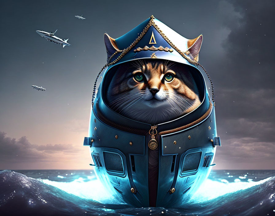 Whimsical digital artwork: Cat in captain's hat in submarine periscope with ocean backdrop