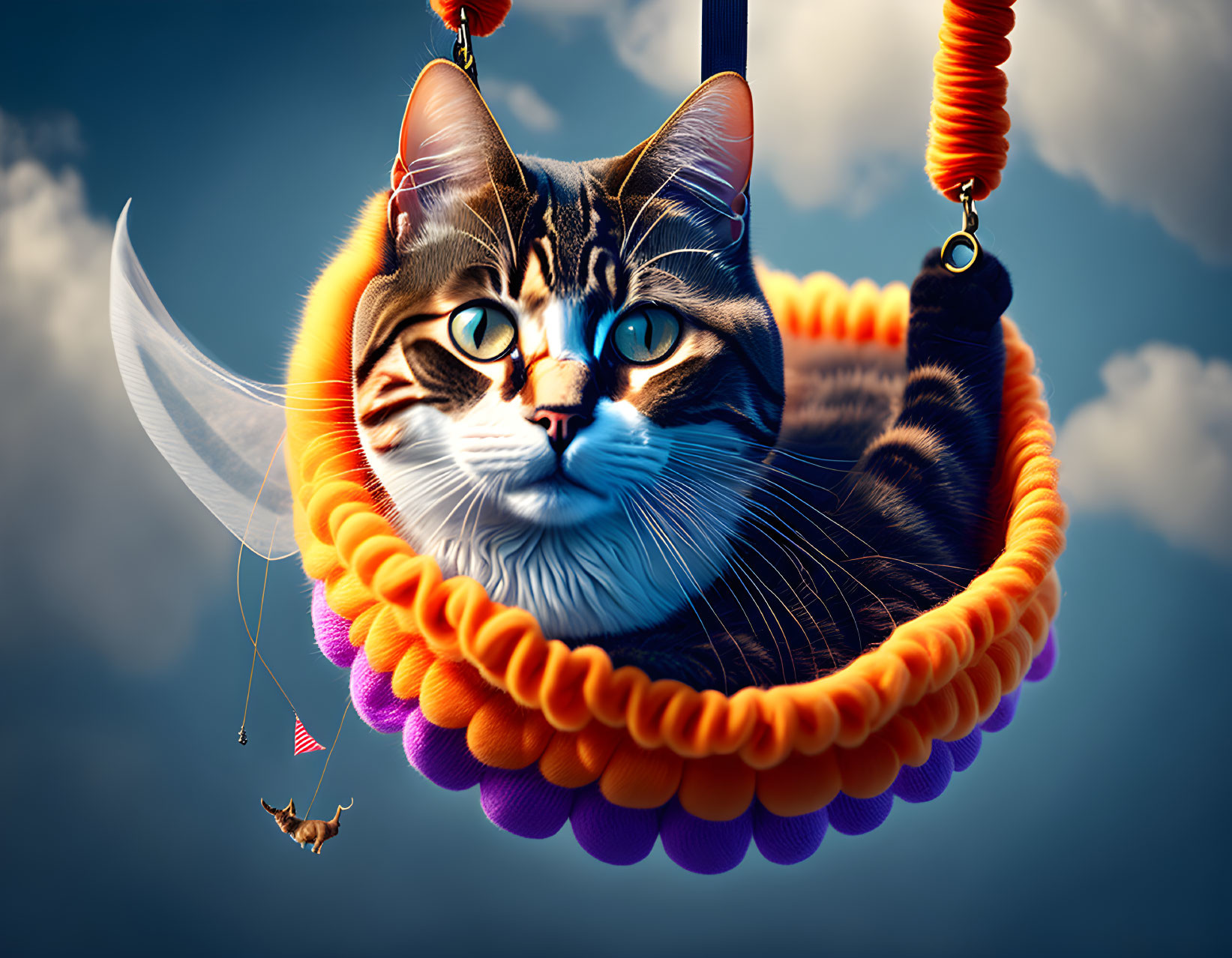 Large cat with blue eyes in hot air balloon with flying bat - whimsical scene