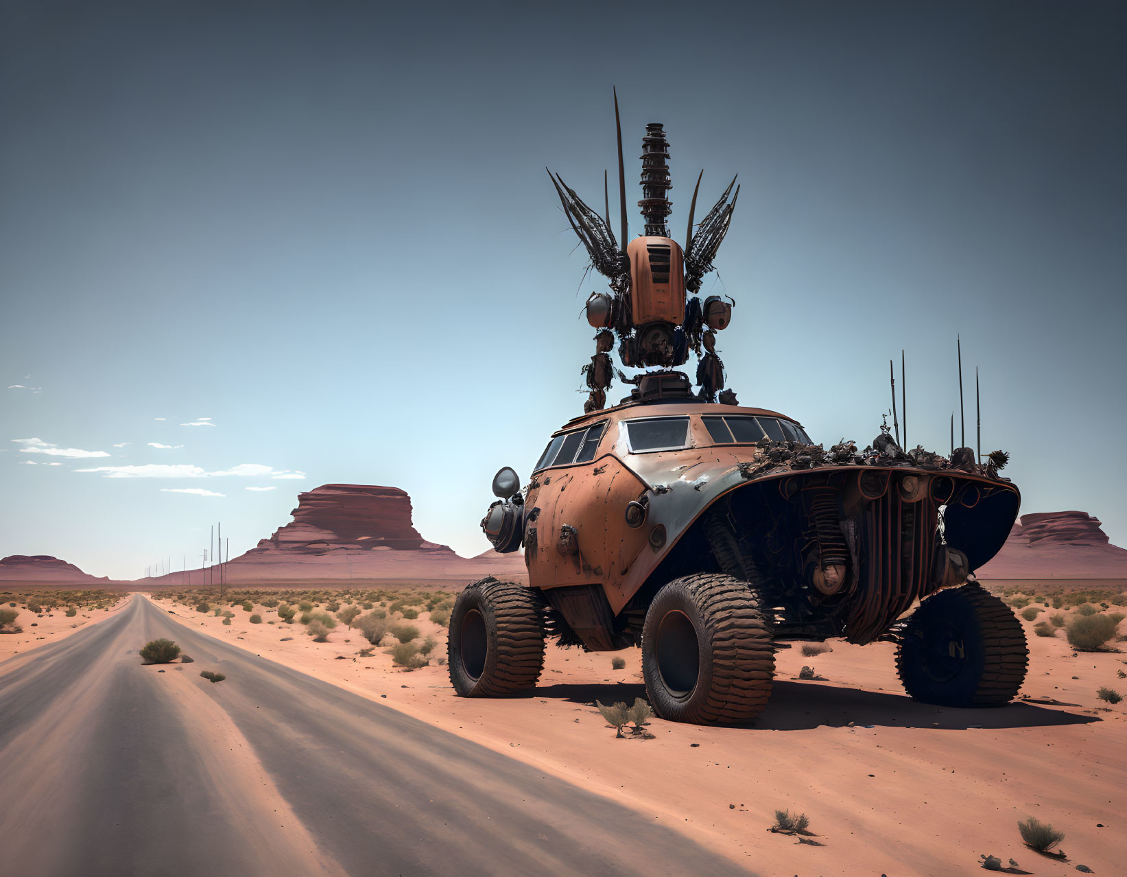 Post-apocalyptic vehicle with oversized tires in barren landscape