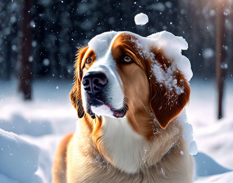 Brown and White Dog in Snowy Landscape with Snowflakes