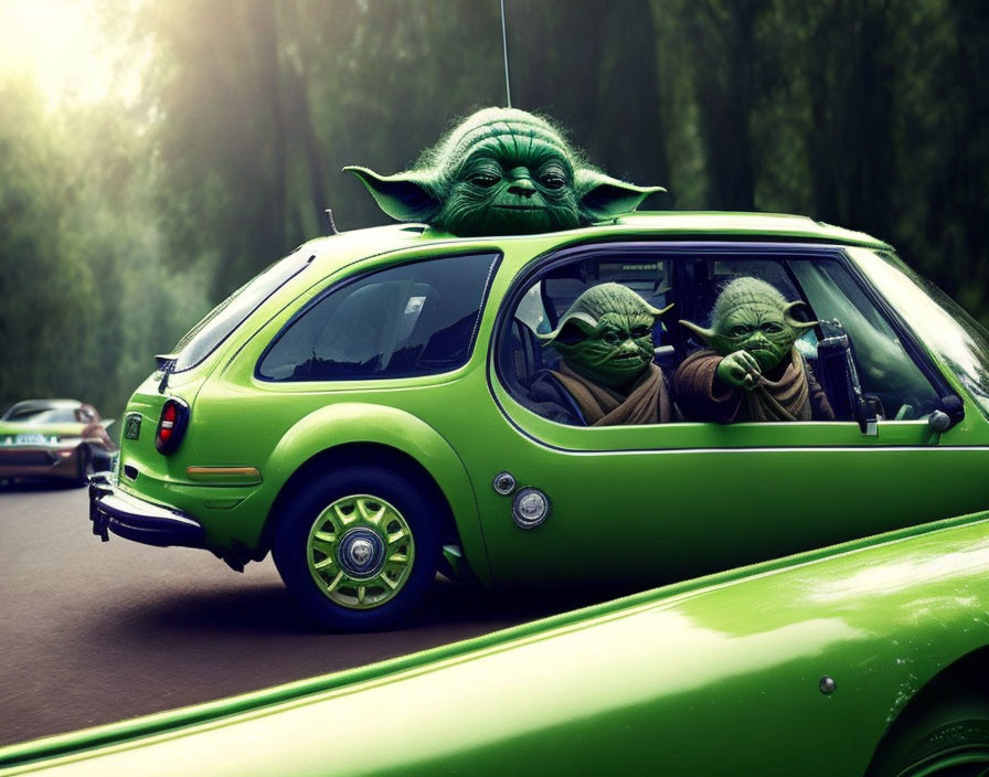 Three Yoda Figures in Green Car: One Driving, Two Passengers