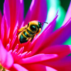 Bee on vibrant pink flower with spread petals on soft-focus green background