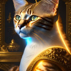 Regal golden-armored cat in ornate mask amidst opulent decor