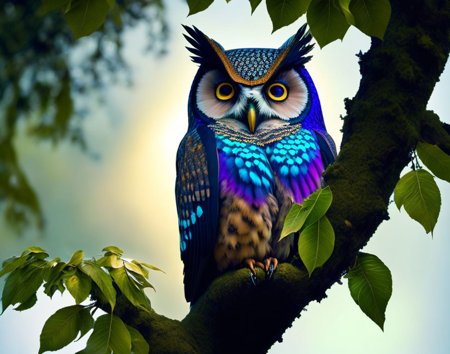 Colorful Owl Perched on Branch with Green Leaves