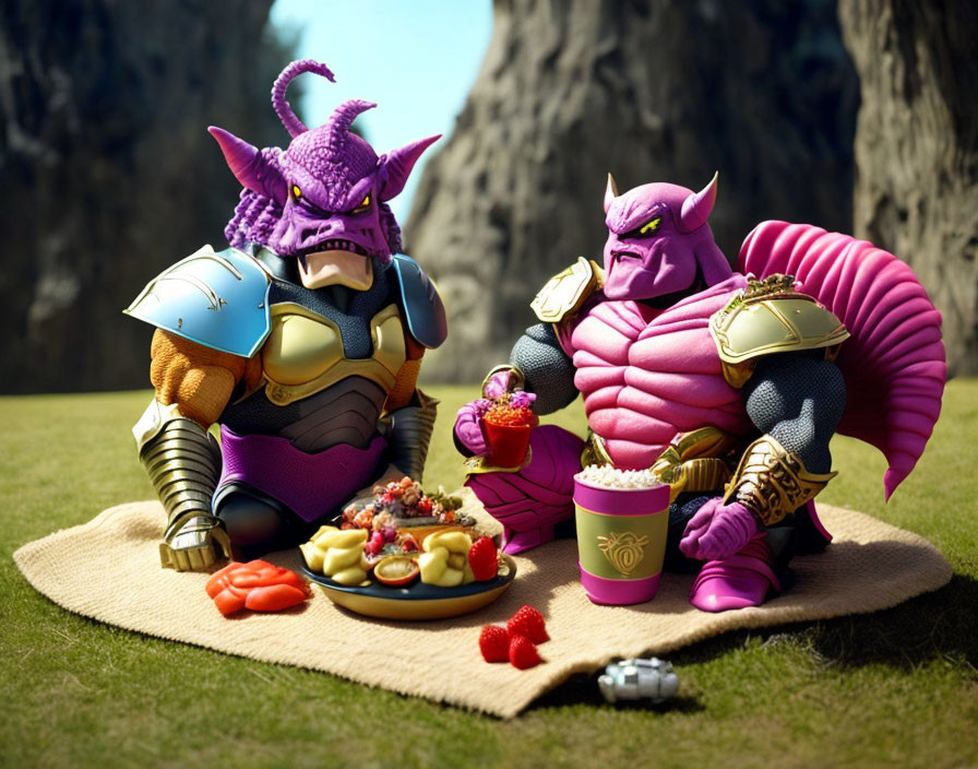 Colorful animated characters in armor having a picnic with snacks, fruit bowl, and drink on a blanket