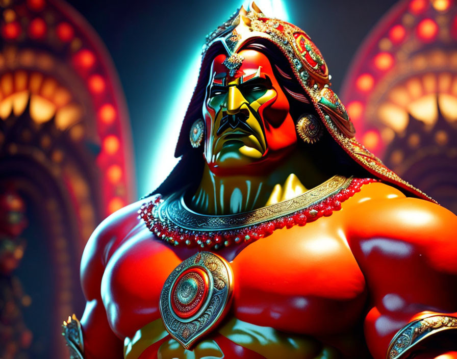 Muscular red-skinned Indian warrior in traditional attire on ornate backdrop