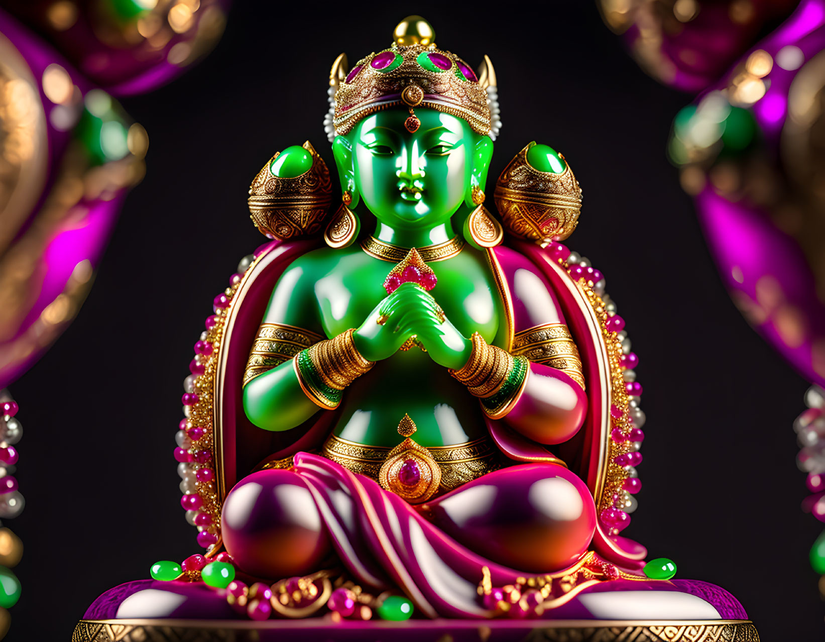 Vibrant green deity with multiple arms in gold jewelry on ornate background