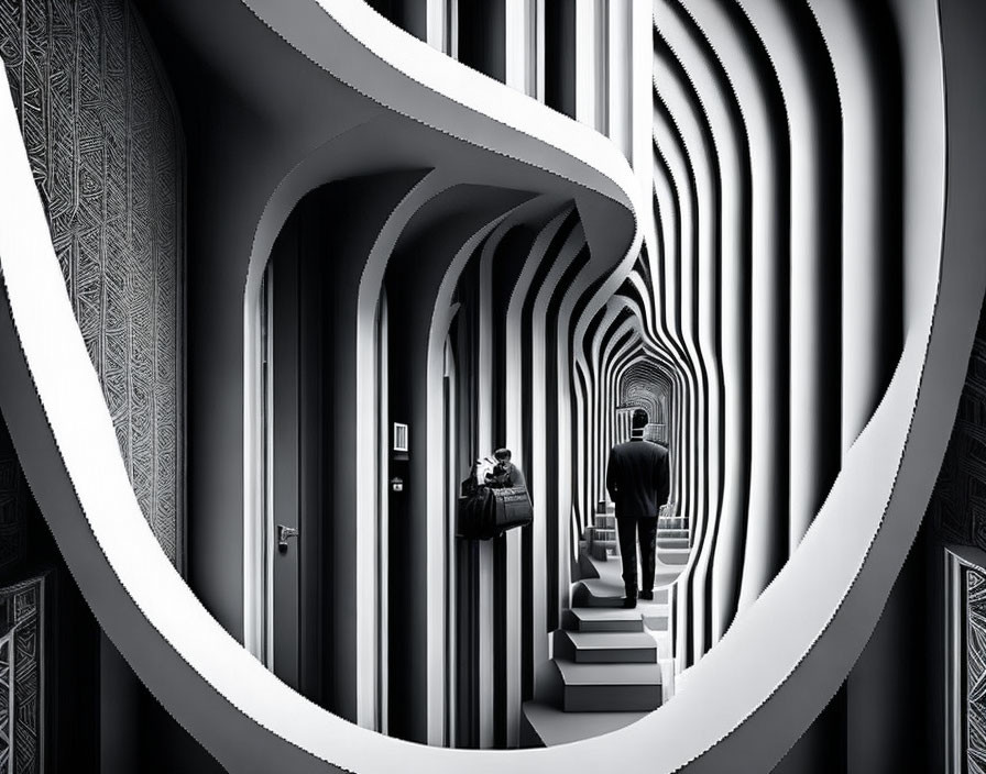 Abstract monochrome architectural interior with person on stairs