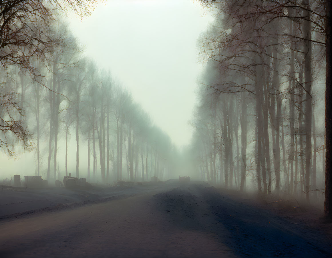 Tranquil misty road with tree-lined benches in dreamy setting