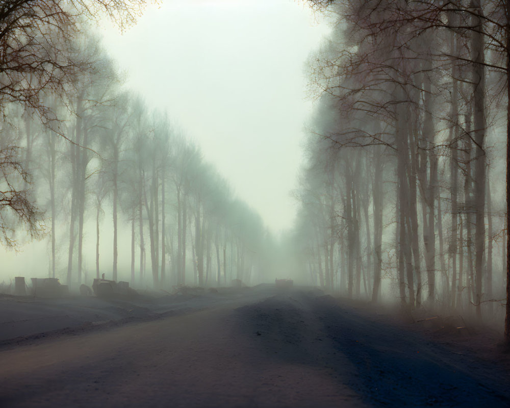 Tranquil misty road with tree-lined benches in dreamy setting