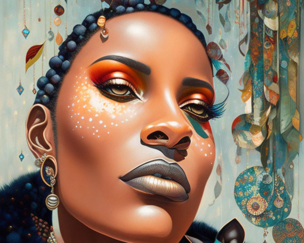 Stylized portrait of woman with striking makeup and blue fur collar, accompanied by illustrated blue cat