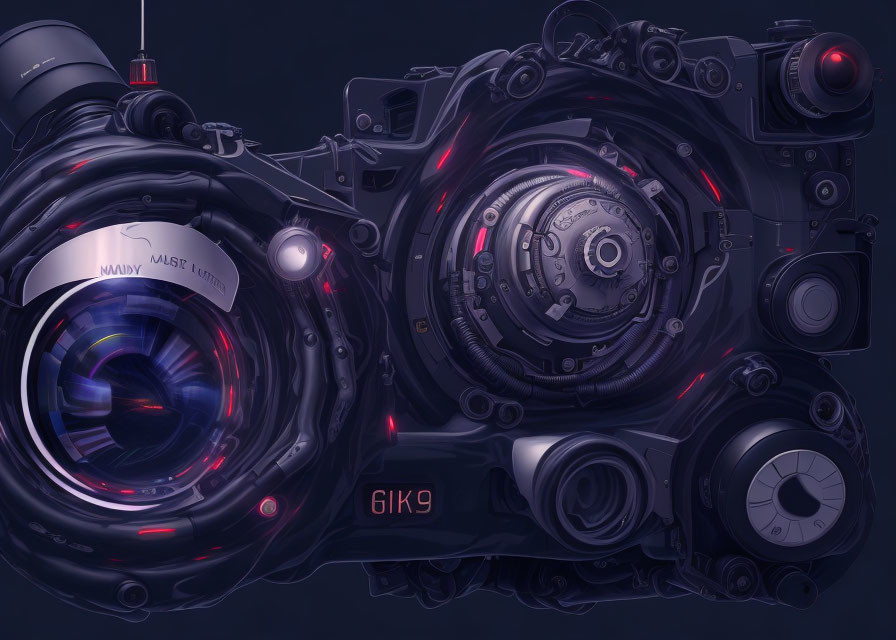 Detailed futuristic mechanical camera with glowing red elements on dark background