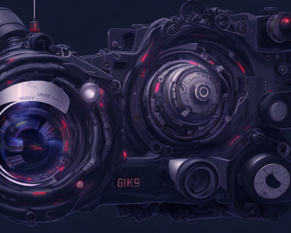 Detailed futuristic mechanical camera with glowing red elements on dark background