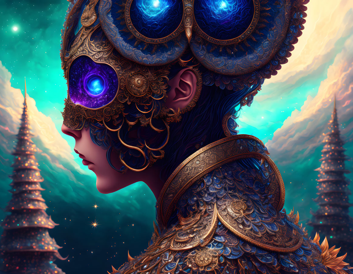 Woman with ornate golden headdress and shoulder armor under mystical sky