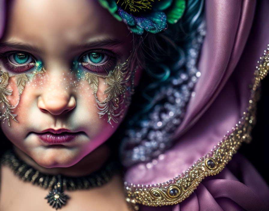 Child with Blue Eyes and Glittery Face Makeup in Mystical Setting