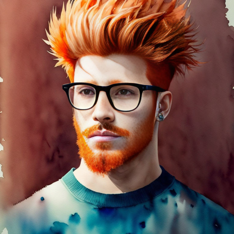 Spiky Orange Hair, Beard, Glasses, Blue Sweater Portrait