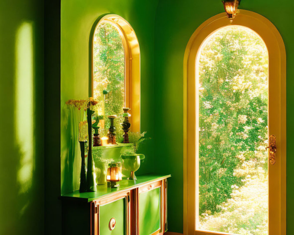 Vibrant Green Interior Space with Arched Windows and Brass Lamps