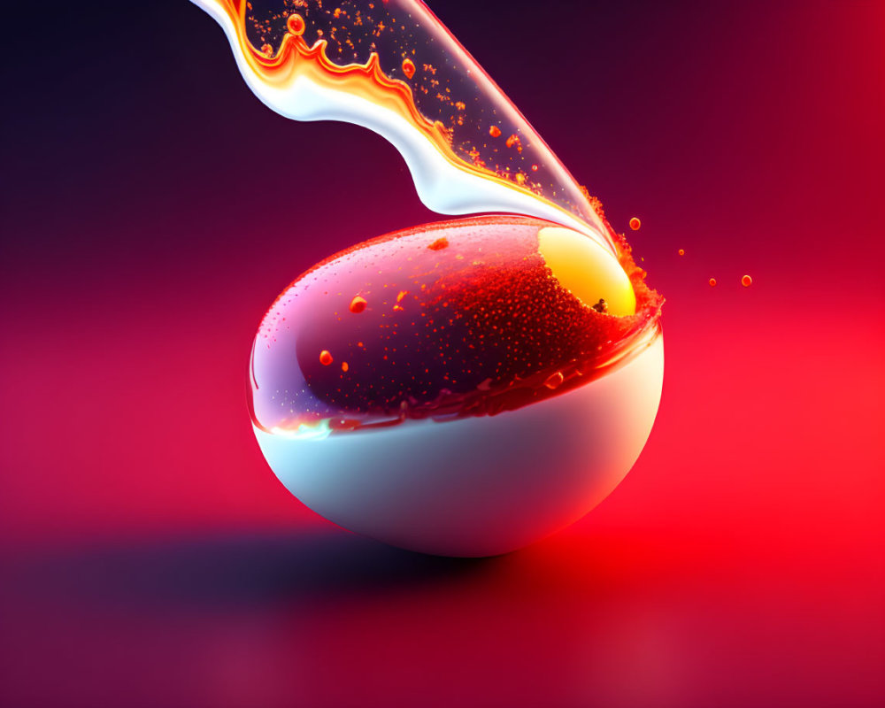 Abstract 3D fluid pouring over spherical object on red gradient background