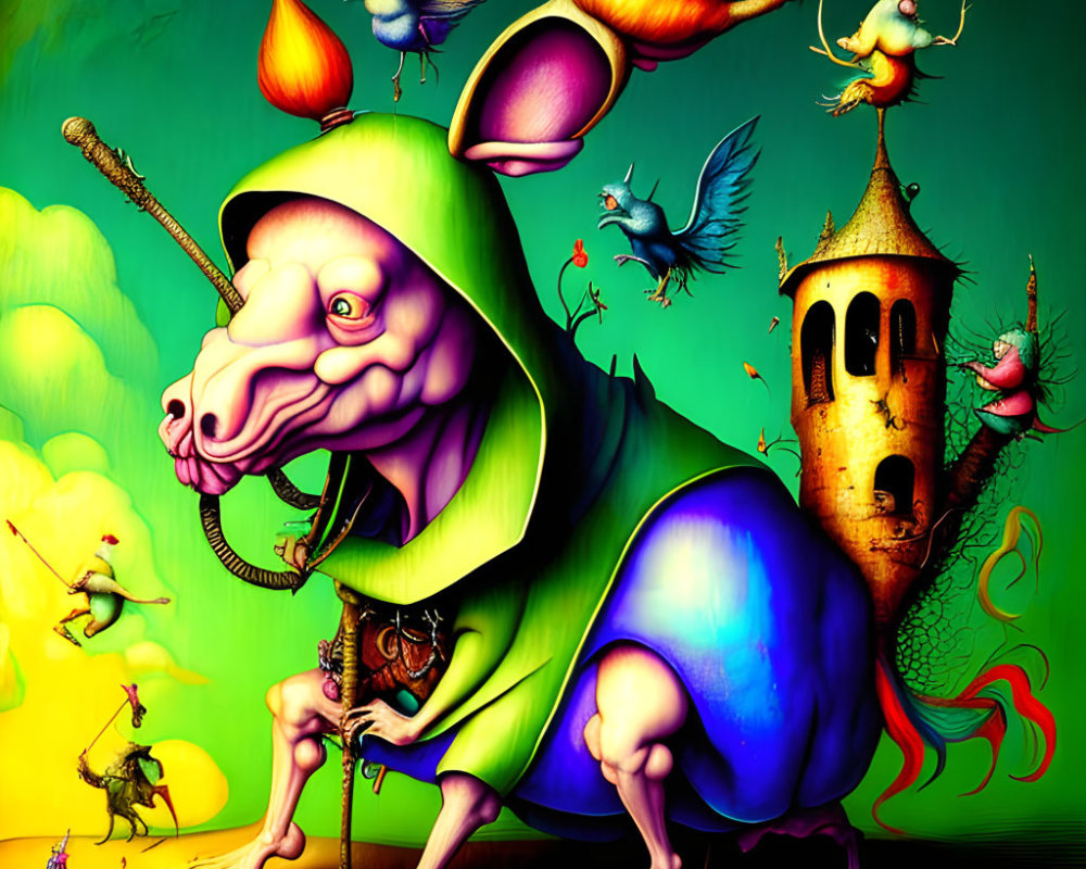 Colorful surreal illustration: Anthropomorphic creature with rodent features in hood, surrounded by imaginative birds and