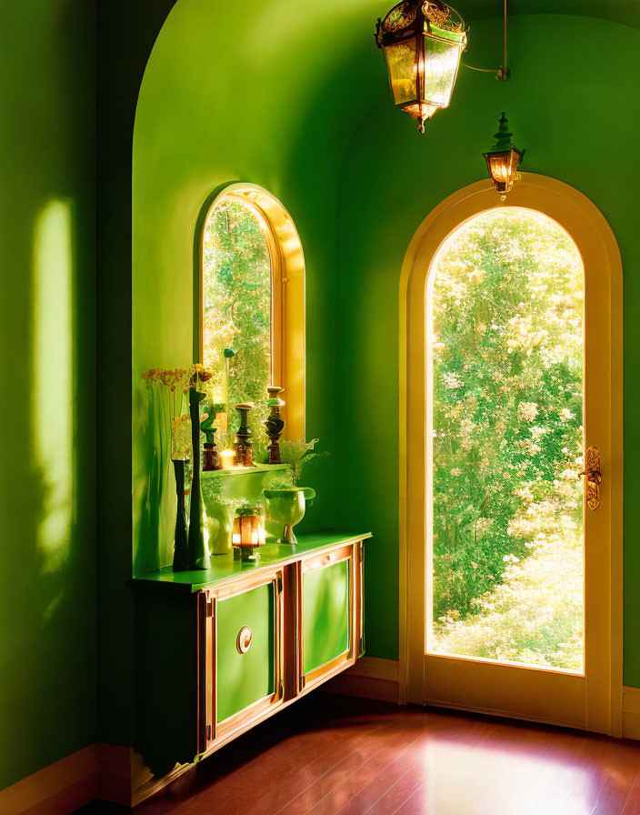 Vibrant Green Interior Space with Arched Windows and Brass Lamps