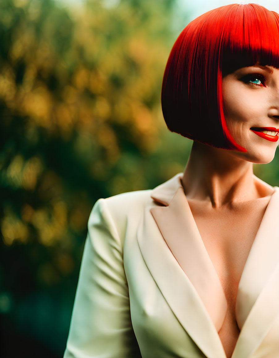 Fashionable woman with red bob and lipstick in white blazer against green foliage.