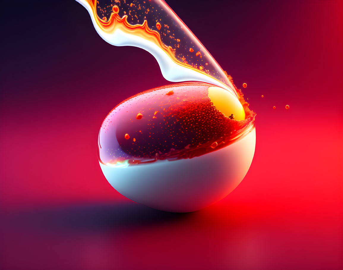 Abstract 3D fluid pouring over spherical object on red gradient background