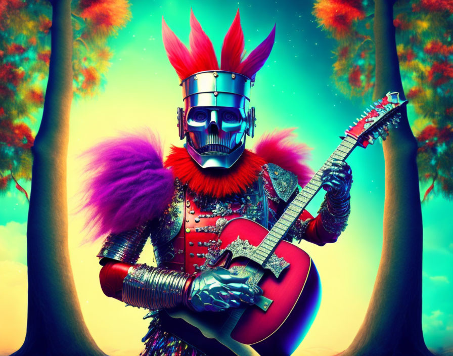 Colorful surreal image: robotic figure in knight helmet playing heart-shaped guitar under twin trees.