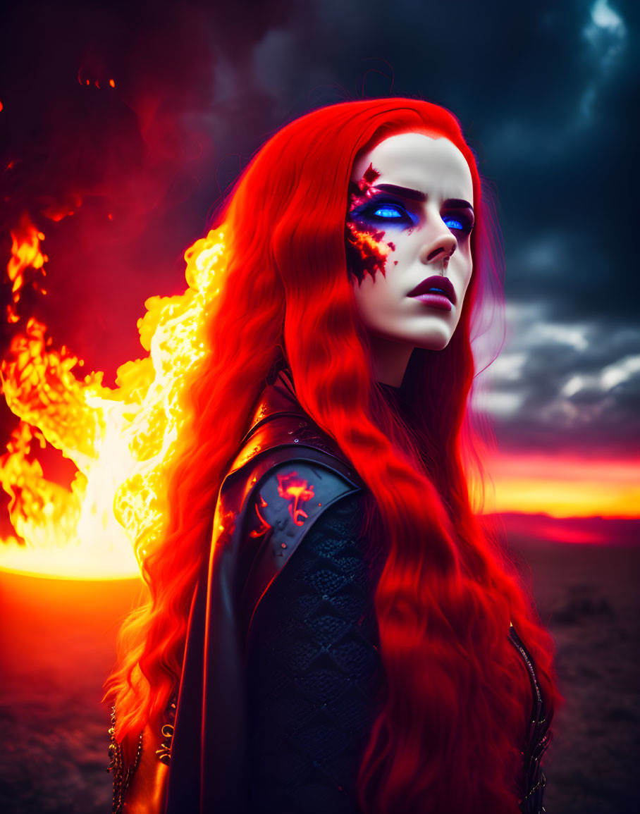 Fiery red-haired woman with striking makeup against dramatic sunset.